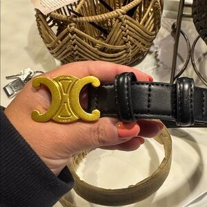 Celine Black Leather Belt with Gold Buckle